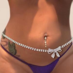 Gold Rhinestone Bow Waist Body Chain