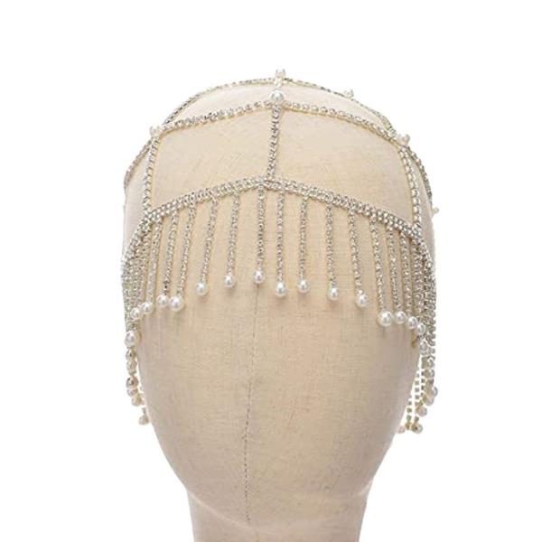 Elegant Pearl Tassel Party Hair Cap Head Chain