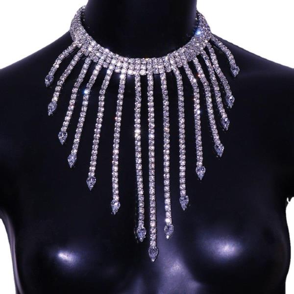 Rhinestone Tassel Necklace Chest Chain