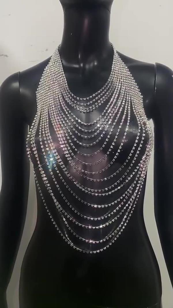 Rhinestone Apron Tassel Chest Bra Chain