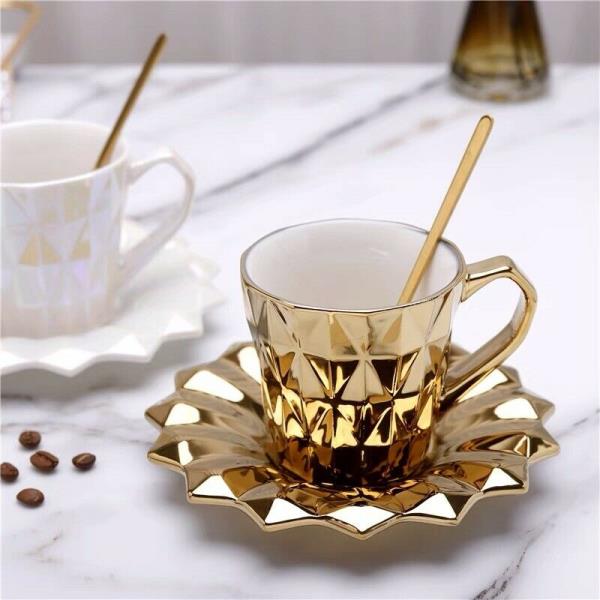 Luxury Laser Mirror Shape Ceramic Cup Plate Spoon Set