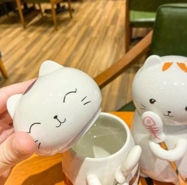 3D Cat Ceramic Cup Lid Spoon Set