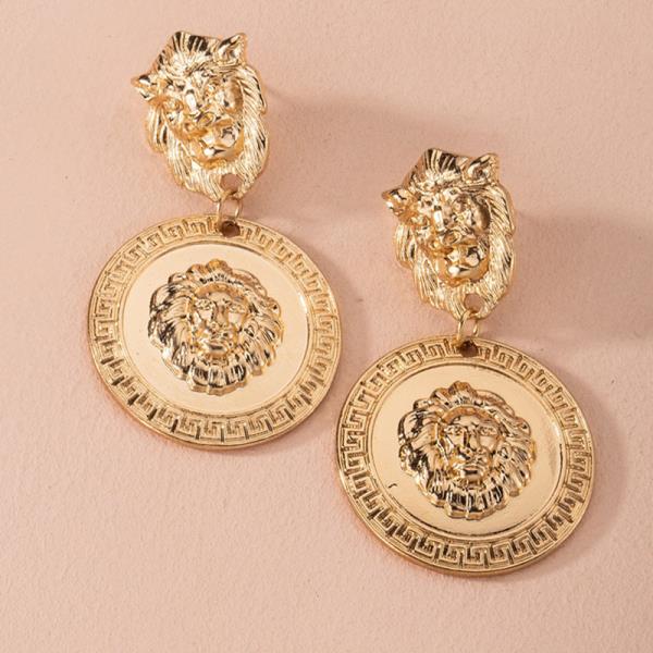 Baroque Gold Lion Head Pendant Earrings