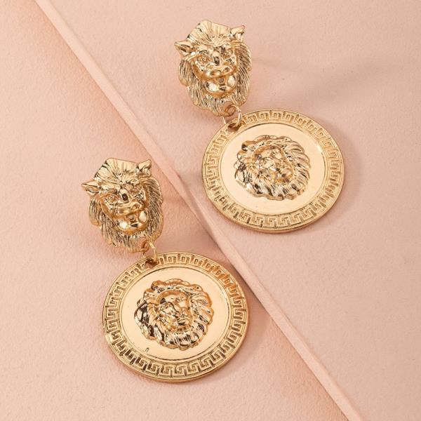 Baroque Gold Lion Head Pendant Earrings