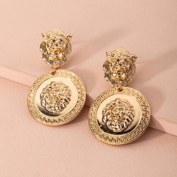 Baroque Gold Lion Head Pendant Earrings