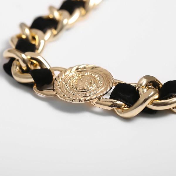 Punk Black Corduroy Gold Circle Medal Chain Necklace