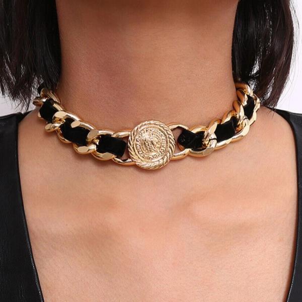 Punk Black Corduroy Gold Circle Medal Chain Necklace