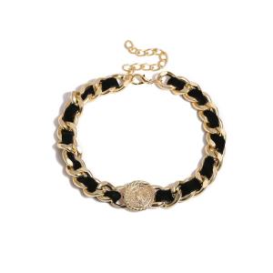 Punk Black Corduroy Gold Circle Medal Chain Necklace