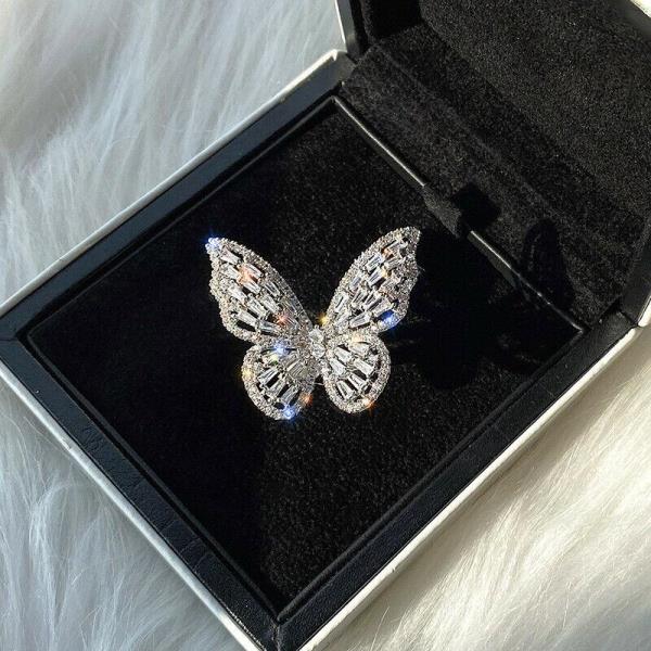 Luxury Rhinestone Silver Butterfly Ring