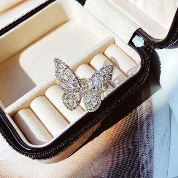 Luxury Rhinestone Silver Butterfly Ring