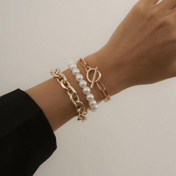 3 Pcs Retro Vintage Baroque White Pearl Bracelet Set