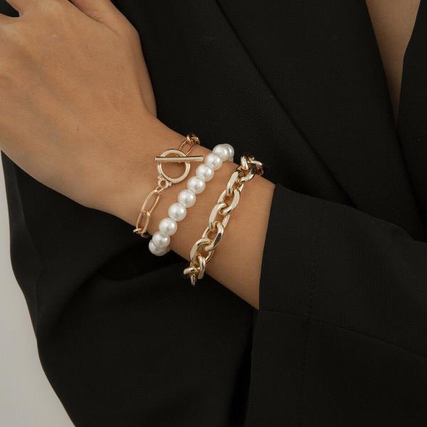 3 Pcs Retro Vintage Baroque White Pearl Bracelet Set