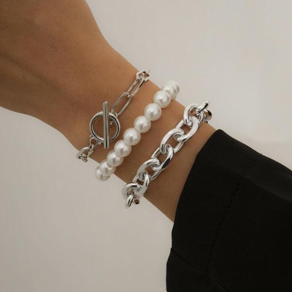 3 Pcs Retro Vintage Baroque White Pearl Bracelet Set