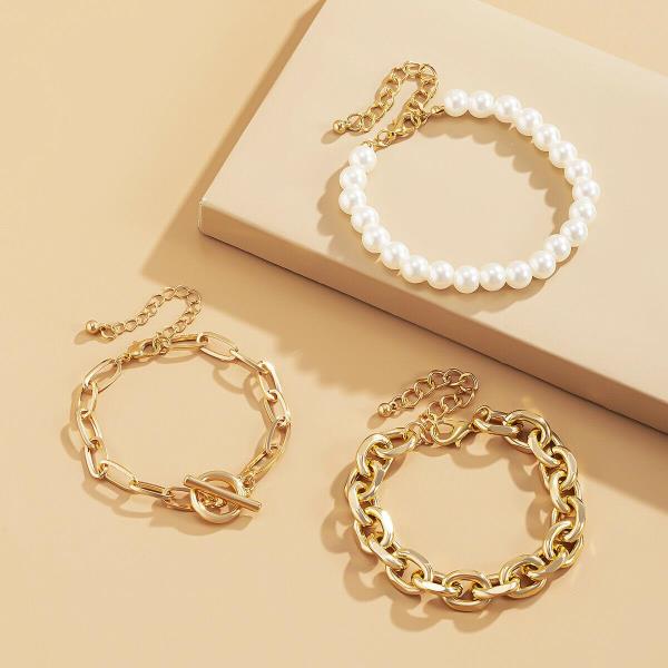 3 Pcs Retro Vintage Baroque White Pearl Bracelet Set