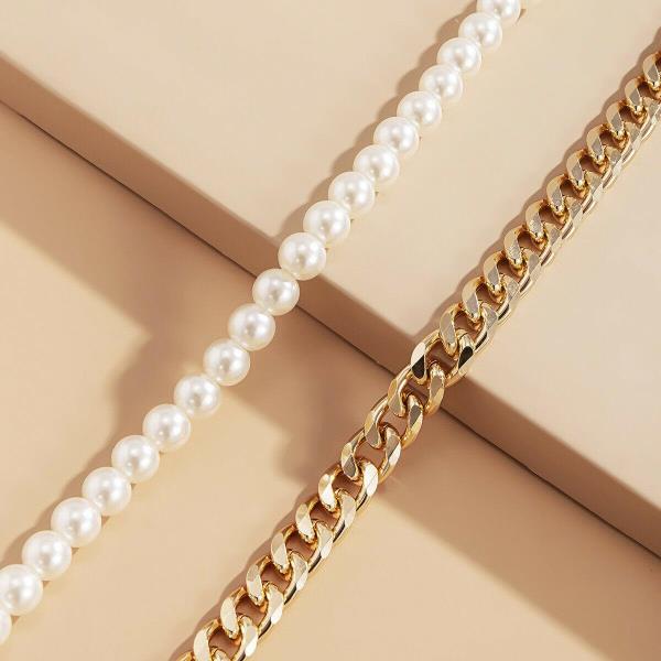 2 Pcs Chic Punk White Pearl Metal Necklace Set