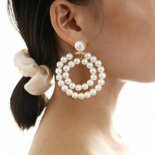 Retro Vintage Double Circle White Pearl Dangle Earrings