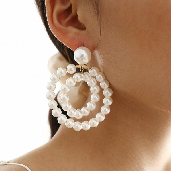 Retro Vintage Double Circle White Pearl Dangle Earrings