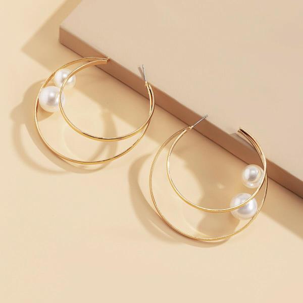 Chic Punk Gold Double Circle White Pearl Drop Earrings