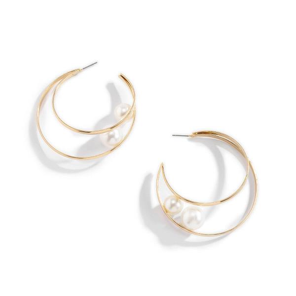 Chic Punk Gold Double Circle White Pearl Drop Earrings