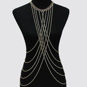 Gold Multi Tassel Crystal Drop Chest Chain