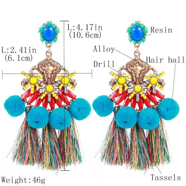 Bohemian Blue Pom Pom Tassel Dangle Earrings