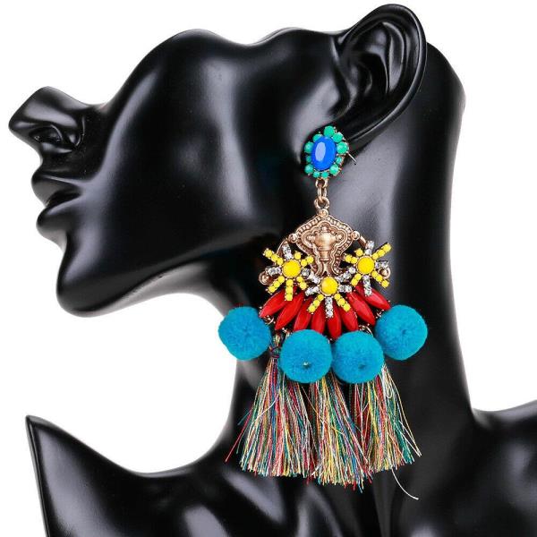 Bohemian Blue Pom Pom Tassel Dangle Earrings