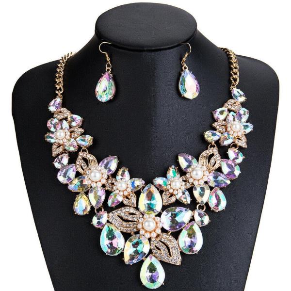 Retro Vintage Crystal Pearl Waterdrop Necklace Earrings Set