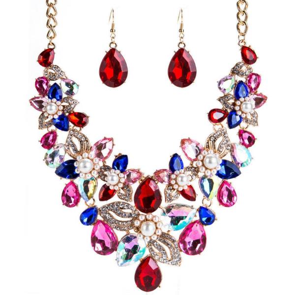 Retro Vintage Crystal Pearl Waterdrop Necklace Earrings Set