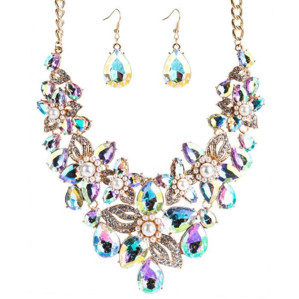 Retro Vintage Crystal Pearl Waterdrop Necklace Earrings Set