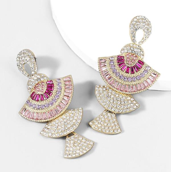 Retro Vintage Pink Rhinestone Fan Dangle Earrings