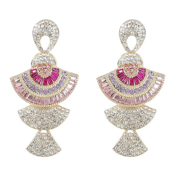 Retro Vintage Pink Rhinestone Fan Dangle Earrings