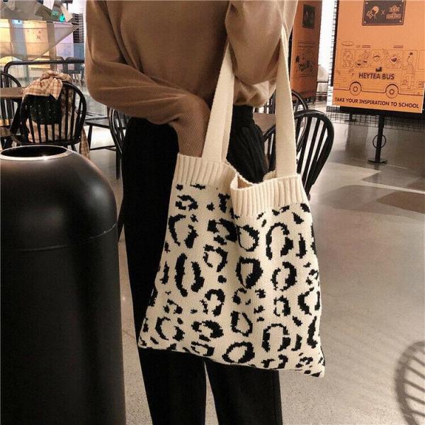 Warm Winter Knit Woven Leopard Print Tote