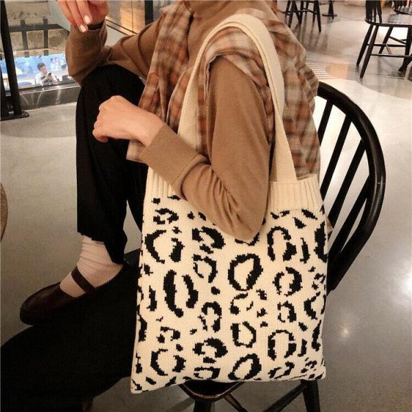 Warm Winter Knit Woven Leopard Print Tote