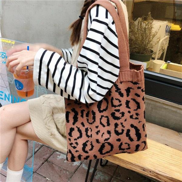 Warm Winter Knit Woven Leopard Print Tote