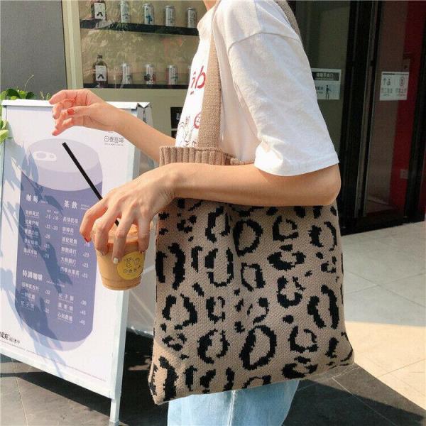 Warm Winter Knit Woven Leopard Print Tote