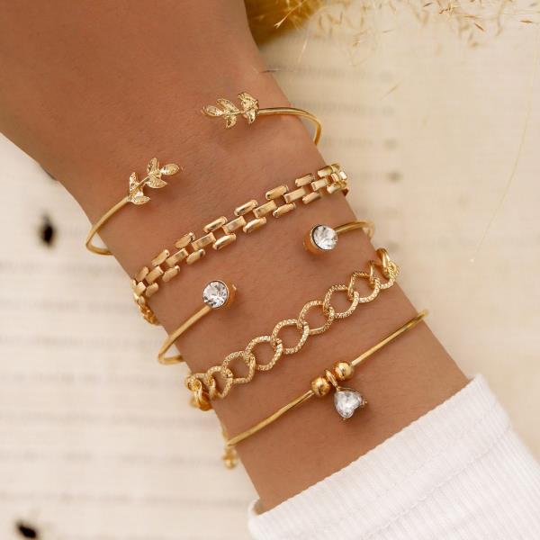 Gold Multi Layer Leaf Stone Bracelet Set