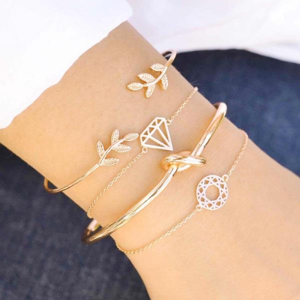 Gold Multi Layer Leaf Stone Bracelet Set