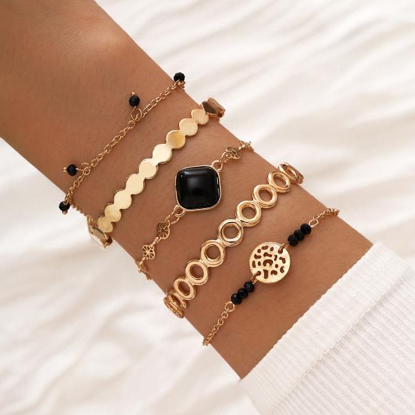 Gold Multi Layer Leaf Stone Bracelet Set