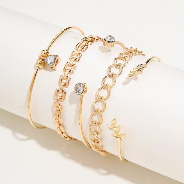 Gold Multi Layer Leaf Stone Bracelet Set