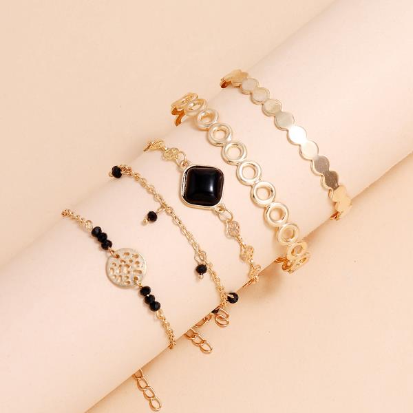 Gold Multi Layer Leaf Stone Bracelet Set