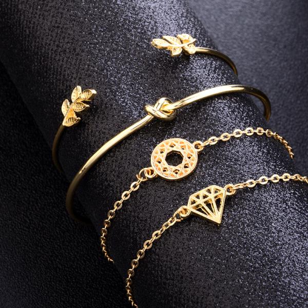 Gold Multi Layer Leaf Stone Bracelet Set