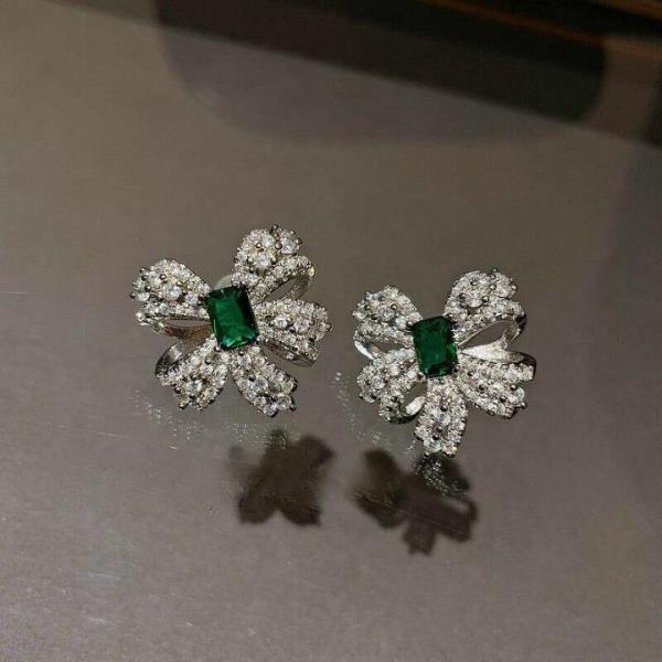 18K Platinum Plated Peacock Green Zircon Bow Earrings