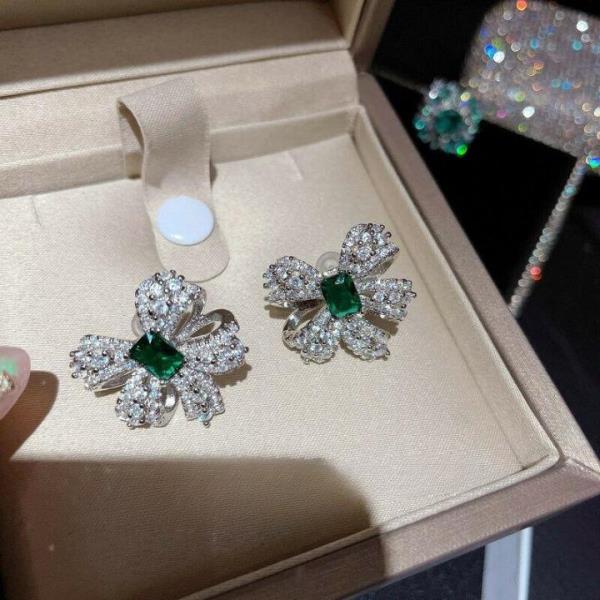 18K Platinum Plated Peacock Green Zircon Bow Earrings