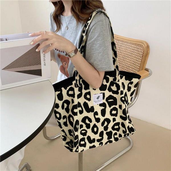 Durable Cream Leopard Print Large Canvas Bag