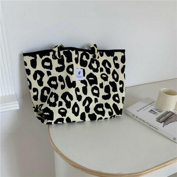 Durable Cream Leopard Print Large Canvas Bag