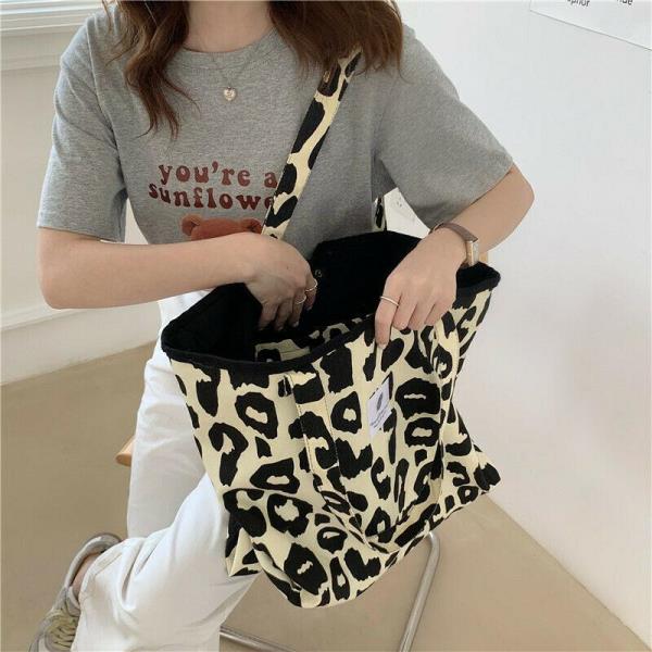 Durable Cream Leopard Print Large Canvas Bag