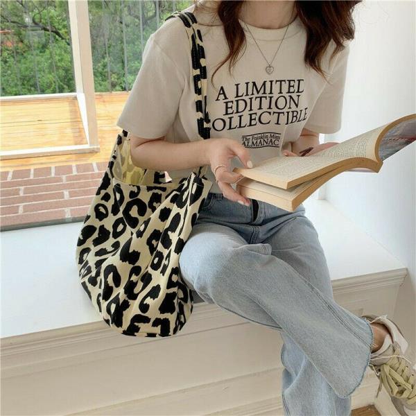 Durable Cream Leopard Print Large Canvas Bag