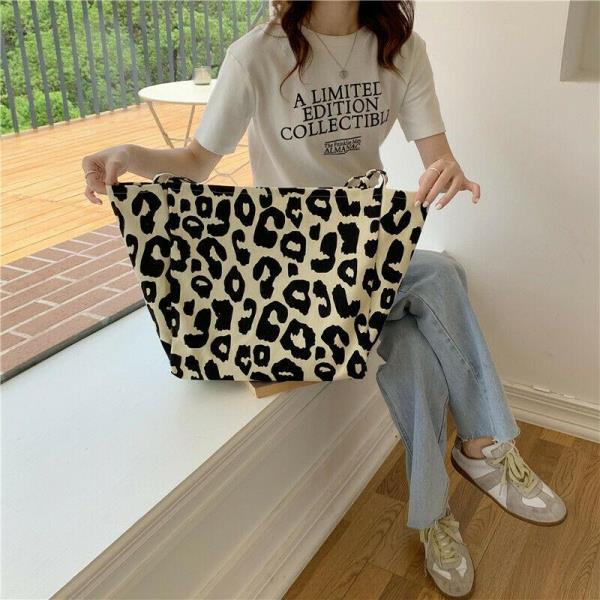 Durable Cream Leopard Print Large Canvas Bag