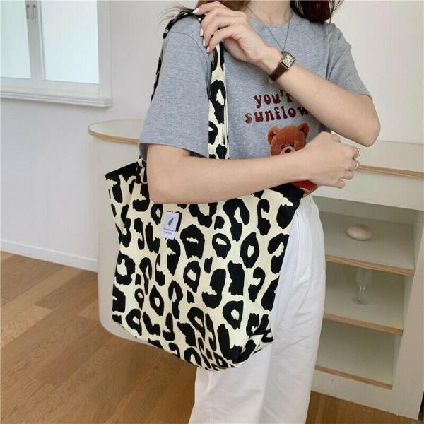 Durable Cream Leopard Print Large Canvas Bag