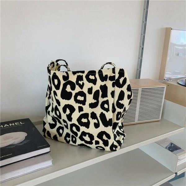 Durable Cream Leopard Print Large Canvas Bag